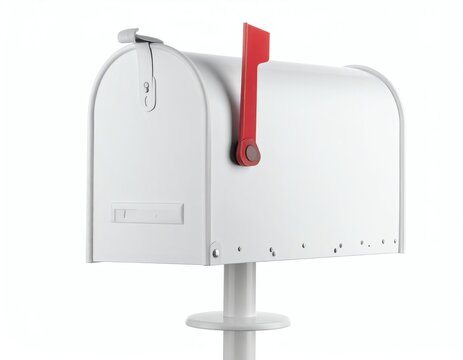 White mailbox with red flag standing outdoors near blooming flowers and greenery, perfect for home delivery, suburban neighborhoods, or seasonal mail concepts.