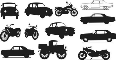 Black silhouettes of cars, motorcycles, and truck, vintage and modern vehicle icons, transportation artwork, automotive design outlines, retro vehicle illustration set