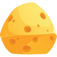 A cartoon illustration of a yellow cheese ball with round holes on a transparent background featuring a bright orange glow and smooth texture suitable for food-related content