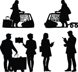 Silhouettes of people with luggage and shopping carts on a white background for Upcoming BLACK FRIDAY.