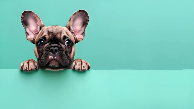 french bulldog puppy peeking over a green surface with a turquoise background.