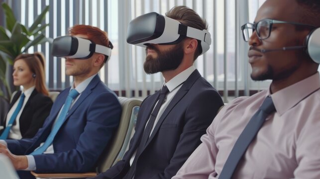Business Professionals Wearing Virtual Reality Headsets in Modern Conference Room