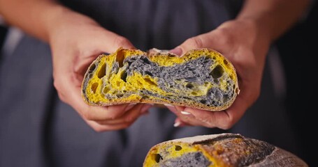 Woman baker showing how soft and elastic is artisan homemade crusty sourdough bread oven baked with carbon, curcuma spice and pumpkin video - Powered by Adobe
