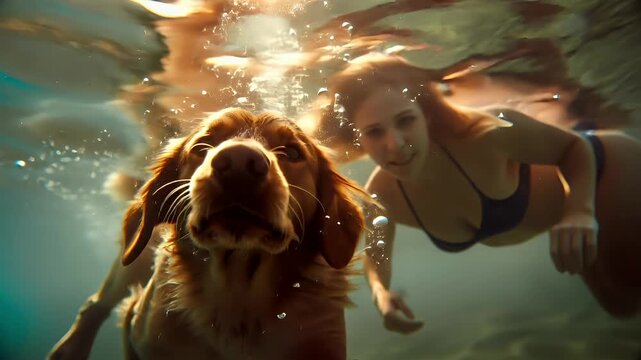 A woman and a dog swim underwater, with the womans face partially submerged in the water. The woman is wearing a swimsuit, and the dog appears to be a mediumsized breed with a reddishbrown coat.