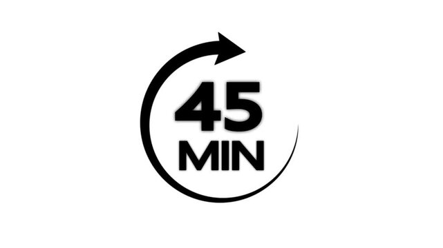Black color circle arrow refresh icon and 45 min timer icon animation on white background. Circular arrow timer icon 45 Min animation. 45 Minutes Time Loop Motion Design