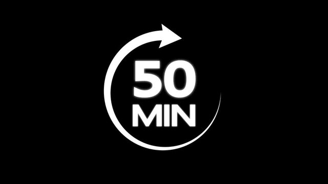 White color circle arrow refresh icon and 50 min timer icon animation on Black background. Circular arrow timer icon 50 Min animation. 50 Minutes Time Loop Motion Design