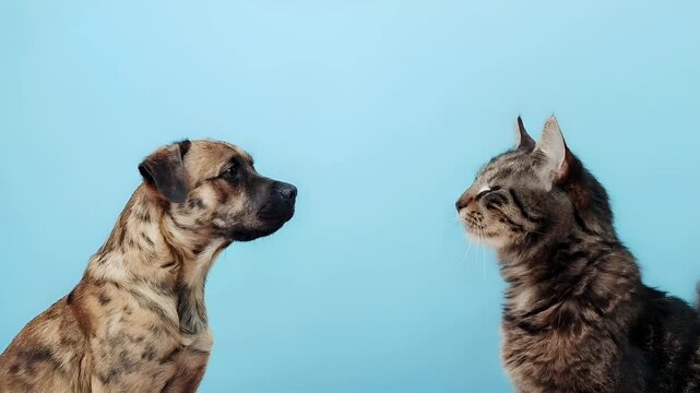 A closeup of a dog with a spotted coat against a blue background. The dogs face is turned slightly to the left, revealing a profile view of its head and neck.
