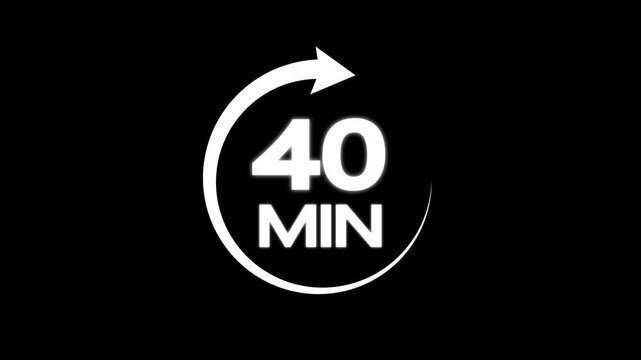 White color circle arrow refresh icon and 40 min timer icon animation on Black background. Circular arrow timer icon 40 Min animation. 40 Minutes Time Loop Motion Design