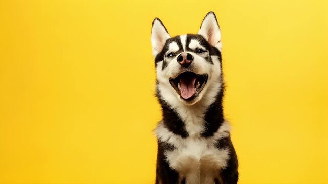 A closeup of a black and white husky dog with a joyful expression, set against a bright yellow background.