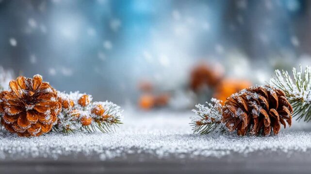 Winter Serenity: A delicate winter scene unfolds, where a gentle snowfall dusts pinecones and evergreens with a soft blanket of frost, creating a sense of peace and tranquility.
