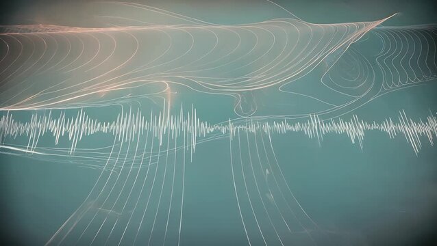 Elongated and Sweeping Technological Abstract Composition with Light Azure and Cyan Tones Featuring Subtle Wave-Like Guilloche Patterns for Digital or Print