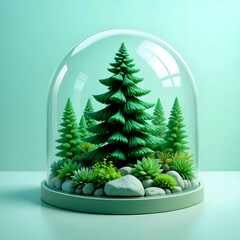 A beautiful miniature forest terrarium with pine trees, succulents, and rocks enclosed in a glass dome. Modern eco design concept with vibrant green tones and soft lighting.