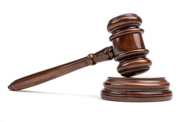 Wooden judge s gavel with stand for adjudication, symbolizing law and justice on white background