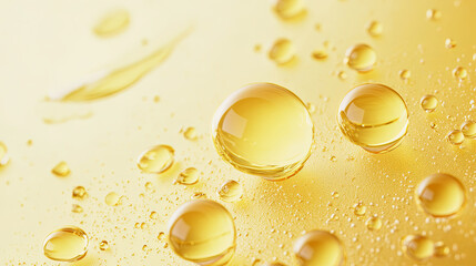 Golden liquid droplets floating in a translucent fluid, showcasing surface tension and light refraction.
