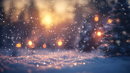 Snowfall in a winter forest with glowing lights in the background
