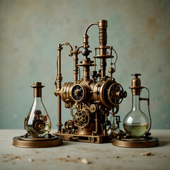 Steampunk laboratory machine with brass gears, pipes, and glass flasks filled with liquid. Vintage mechanical chemistry concept blending science, invention, and retro technology in detailed 3D render 