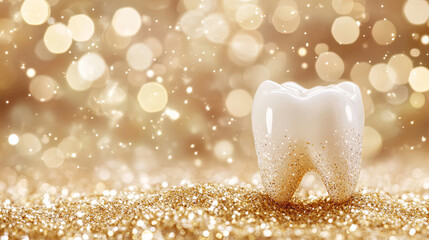 A single white tooth resting on a glittering golden surface with a sparkling background
