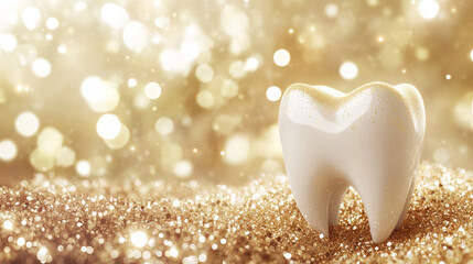 A single white tooth resting on a glittering golden surface with a sparkling background
