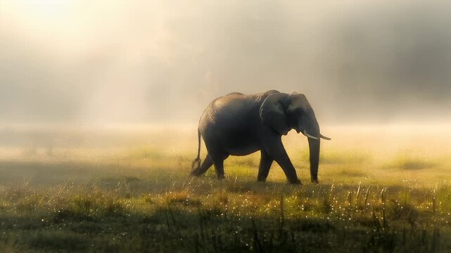 A solitary elephant stands amidst a misty landscape, bathed in the golden light of the setting or rising sun. The elephants silhouette is sharply defined against the soft, hazy backdrop.