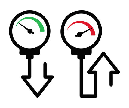 Pressure gauge icon set. Editable vector illustration of fluid control with increase and decrease indicators. EPS engineering symbol pack