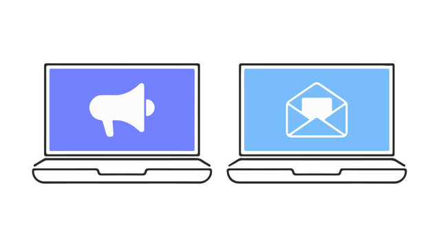Laptop icon set with megaphone and envelope symbols. Editable vector illustration of digital communication tools. EPS marketing and email concept