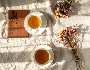 Two cups of tea with dried flowers and a leather journal on a textured cloth