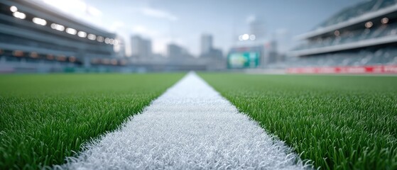 Macro Close Up of Lush Green Baseball Field Stadium Grass with White Boundary Line and City Skyline Background Under Soft Lighting