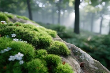 Macro Close Up Of Lush Green Moss And White Wildflowers On A Rocky Forest Floor With Sun Rays Filtering Through Trees In Morning Mist