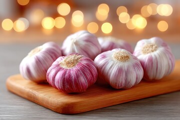 Macro Shot of Fresh Garlic Bulbs with Soft Glowing Bokeh Lights and Wooden Board
