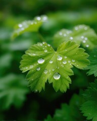 Macro Shot Of Fresh Green Vine Leaf With Dew Drops Illuminated By Soft Natural Light In A Verdant Garden Background