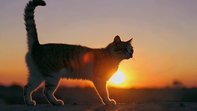 dark outline of a feline animal against the backdrop of the sun descending below the