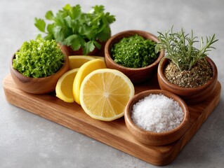 Overhead View of Fresh Green Herbs and Sliced Lemons Arranged in Wooden Bowls on a Textured Gray Surface with Natural Lighting