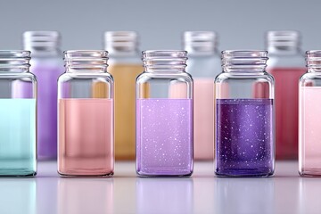 Rows Of Laboratory Glass Vials Filled With Colorful Liquids In Pastel Shades With Small Bubbles And Particles Scientifically Arranged On A Clean White Surface With Soft Studio Lighting