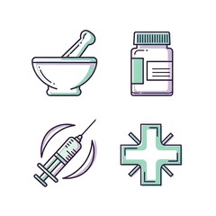 Medical and Pharmacy Icons Set - Mortar Pestle Pill Bottle Syringe and Cross Symbol