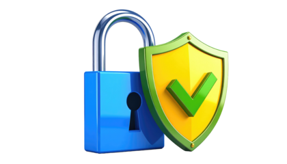 Blue padlock with a chrome shackle next to a shield with a green checkmark, set on a pure black background