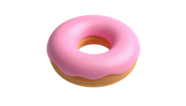 Isometric view of a pink frosted donut with a glazed look against a stark black background