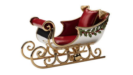 An ornate Christmas sleigh decorated with red and gold details.