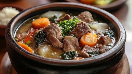 Traditional filipino sinigang with pork in a bowl, sour tamarind soup with vegetables and steamed rice, authentic asian comfort food