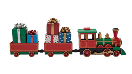 A festive toy train decorated with colorful gifts, evoking the joy of the holiday season.