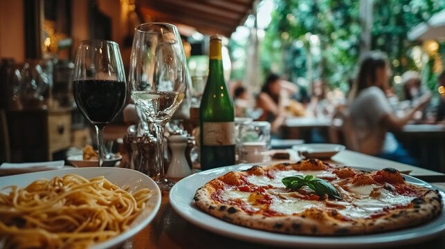 Authentic italian summer dinner with pasta, pizza, and homemade dishes in a rome restaurant