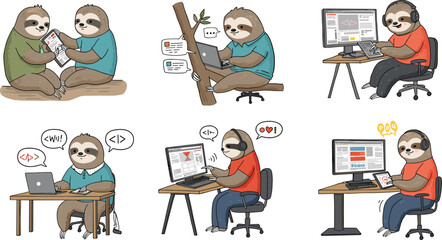 Cartoon sloths using computers, coding and web design illustration, whimsical animal artwork, technology humor design collection, digital lifestyle character concept set
