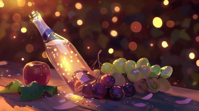 Celebratory Bottle of Champagne with Red Apple and Grape Clusters on Festive Table