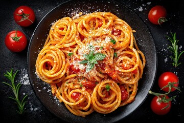 Overhead View of Spaghetti Dish with Tomato Sauce Garnished with Herbs on a Black Plate