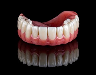 Obraz premium A set of dentures featuring false teeth and gums, reflecting on a glossy surface