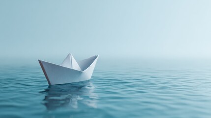 A solitary paper boat floating on a calm ocean, evoking a sense of tranquility and journey. The boat is pristine white against a serene blue backdrop