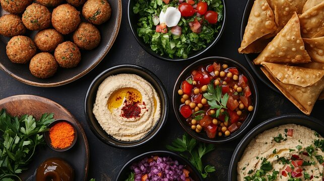 Assorted lebanese cuisine with falafel, hummus, tabouleh, and aubergine caviar