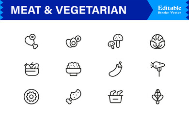 Meat And Vegetarian Food Line Icon Set – Professional, Minimal, Modern, and Editable Collection of Pixel-Perfect Outline Icons for Healthy Lifestyle Designs