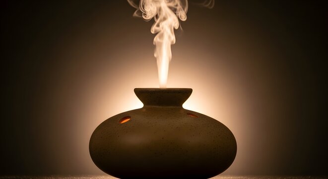 01_Ceramic oil diffuser with steamscent rising. Soft warm backlight dark background.
