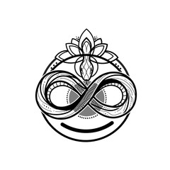 Artistic Line Art Snake Infinity Symbol with Lotus Flower Illustration