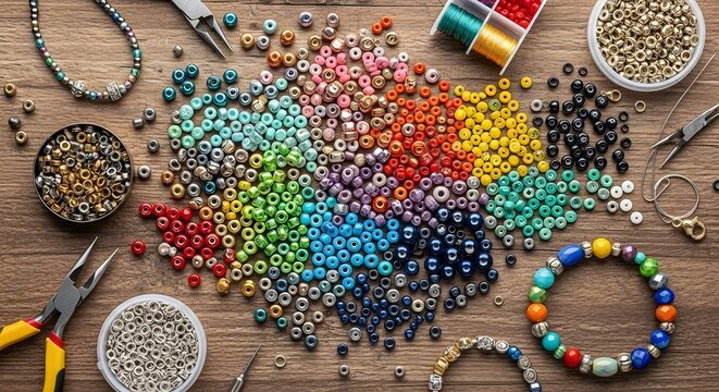 01_Overhead flat lay of assorted small beads for jewelry. Vibrant colors crafting theme.